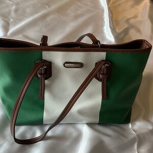 Dana Buchman Green and White Striped Tote with Brown Trim